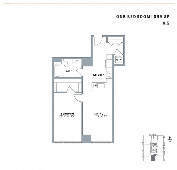 Floor plan for 1 bed, 1 bath, 859 sqft